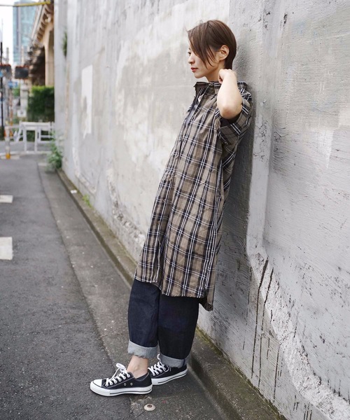 KANGOL(カンゴール)の「【KANGOL/カンゴール】チェックシャツワンピース ビッグシルエット/オーバーサイズ ワンポイント(シャツワンピース・レディース・ホワイト/ベージュ/ブラウン・LARGE/MEDIUM)」の6枚目の写真