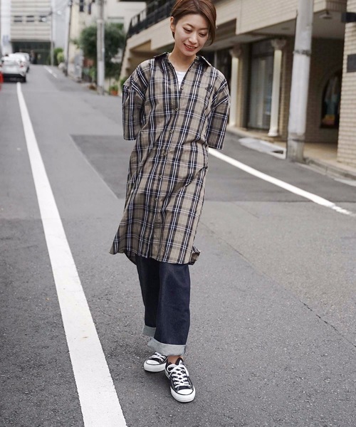 KANGOL(カンゴール)の「【KANGOL/カンゴール】チェックシャツワンピース ビッグシルエット/オーバーサイズ ワンポイント(シャツワンピース・レディース・ホワイト/ベージュ/ブラウン・LARGE/MEDIUM)」の7枚目の写真