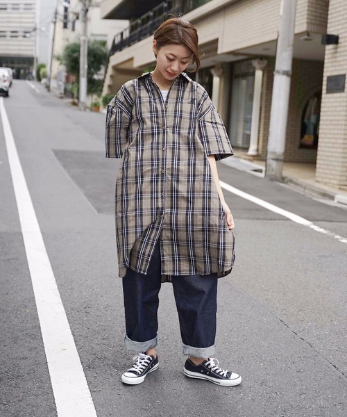 KANGOL(カンゴール)の「【KANGOL/カンゴール】チェックシャツワンピース ビッグシルエット/オーバーサイズ ワンポイント(シャツワンピース・レディース・ホワイト/ベージュ/ブラウン・LARGE/MEDIUM)」の8枚目の写真