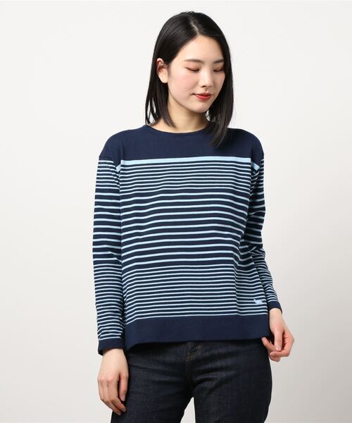 DECOY SINCE 1981（デコイシンスイチキュウハチイチ）の「オーガニックコットンボーダーニットプルオーバー（Tシャツ/カットソー・レディース・ラベンダー/ネイビー/ベージュ・M/L）」の2枚目の写真
