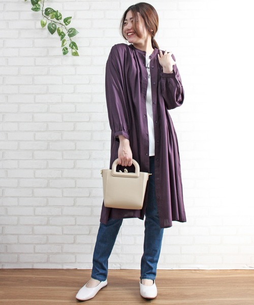 BELLUNA PLUS（ベルーナ）の「レーヨン素材ギャザーデザインワンピース（ワンピース・レディース・ライトベージュ/ブルー/ブルーグリーン/ネイビー/パープル/カーキ・MEDIUM/LARGE/X-LARGE）」の11枚目の写真