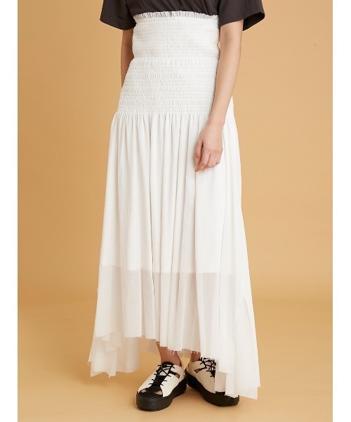 emmi（エミ）の「【emmi yoga】Select by aya yoga 2Way シャーリングスカート（スカート・レディース・オレンジ/アイボリー・FREE）」の2枚目の写真