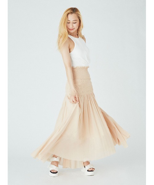 emmi（エミ）の「【emmi yoga】Select by aya yoga 2Way シャーリングスカート（スカート・レディース・オレンジ/アイボリー・FREE）」の12枚目の写真