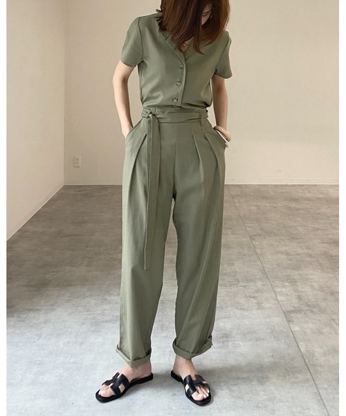 She's Closet(シーズクローゼット)の「リネンコットンVネック 開襟半袖ジャンプスーツ(つなぎ/オールインワン・レディース・ブラック/ベージュ/カーキ/キナリ・FREE)」の14枚目の写真