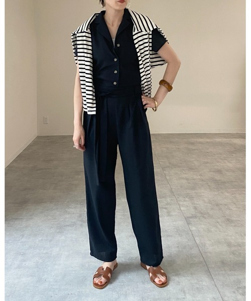 open collar cotton linen belted l/s jump suit / コットン