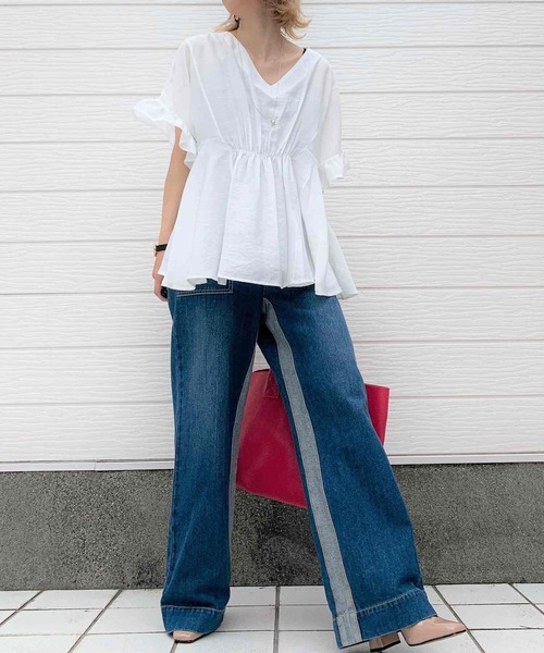 Q（キュー）の「フロントギャザーフリルブラウス（シャツ/ブラウス・レディース・グリーン/アイボリー/ブラック・MEDIUM）」の7枚目の写真