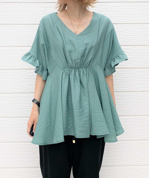 Q（キュー）の「フロントギャザーフリルブラウス（シャツ/ブラウス・レディース・グリーン/アイボリー/ブラック・MEDIUM）」の4枚目の写真