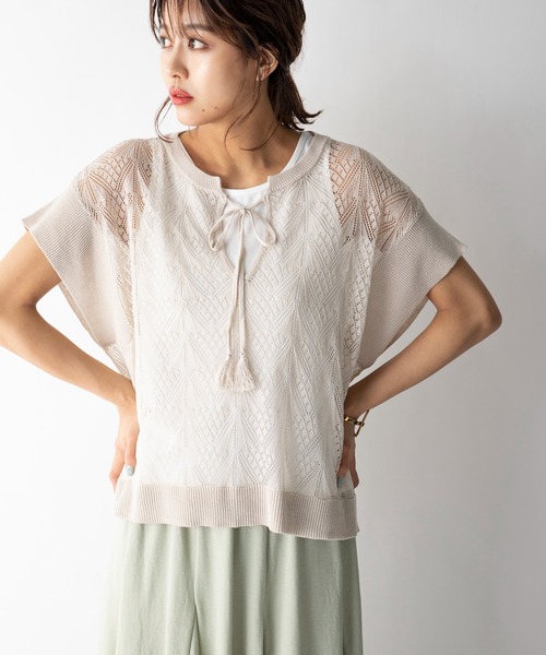 MILLION CARATS(ミリオンカラッツ)の「【STYLE4】透かし編み半袖ニットセット(ニット/セーター・レディース・オフホワイト/オレンジ・FREE)」の2枚目の写真