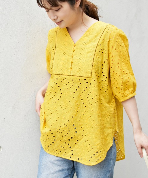 Brownie（ブラウニー）の「Brownie コットンレースブサム切り替えブラウス（シャツ/ブラウス・レディース・ホワイト/ブラック/オレンジ/ブルー/マスタード・M）」の5枚目の写真