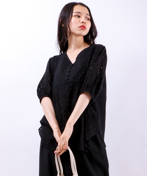 Brownie（ブラウニー）の「Brownie コットンレースブサム切り替えブラウス（シャツ/ブラウス・レディース・ホワイト/ブラック/オレンジ/ブルー/マスタード・M）」の6枚目の写真