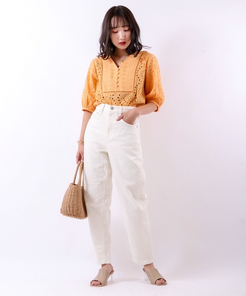 Brownie（ブラウニー）の「Brownie コットンレースブサム切り替えブラウス（シャツ/ブラウス・レディース・ホワイト/ブラック/オレンジ/ブルー/マスタード・M）」の13枚目の写真