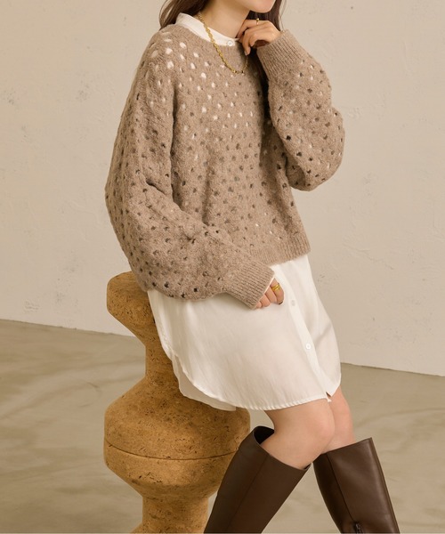 Ambre Neige(アンブルネージュ)の「透かし編みニットトップス/【WEB/EC限定商品】(ニット/セーター・レディース・アイボリー/モカ・FREE)」の7枚目の写真