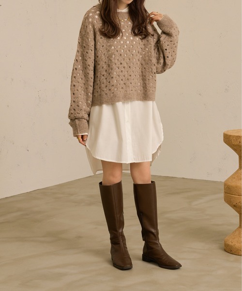 Ambre Neige(アンブルネージュ)の「透かし編みニットトップス/【WEB/EC限定商品】(ニット/セーター・レディース・アイボリー/モカ・FREE)」の4枚目の写真