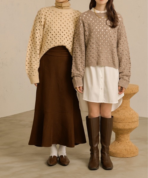 Ambre Neige(アンブルネージュ)の「透かし編みニットトップス/【WEB/EC限定商品】(ニット/セーター・レディース・アイボリー/モカ・FREE)」の5枚目の写真