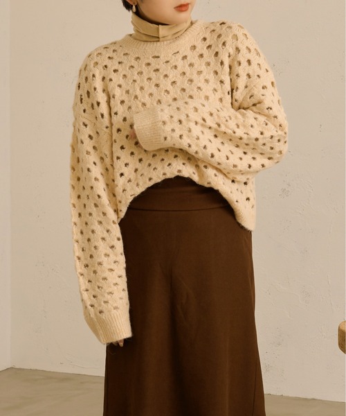 Ambre Neige(アンブルネージュ)の「透かし編みニットトップス/【WEB/EC限定商品】(ニット/セーター・レディース・アイボリー/モカ・FREE)」の6枚目の写真