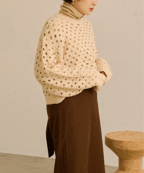 Ambre Neige(アンブルネージュ)の「透かし編みニットトップス/【WEB/EC限定商品】(ニット/セーター・レディース・アイボリー/モカ・FREE)」の9枚目の写真
