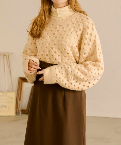 Ambre Neige(アンブルネージュ)の「透かし編みニットトップス/【WEB/EC限定商品】(ニット/セーター・レディース・アイボリー/モカ・FREE)」の15枚目の写真
