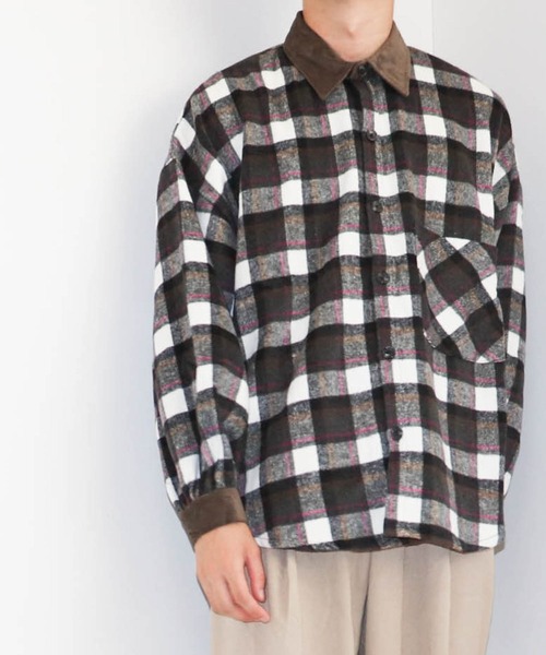 衿コーデュロイチェック バルーンスリーブ OVシャツ(シャツ/ブラウス)|Ritzy(リッツィー)