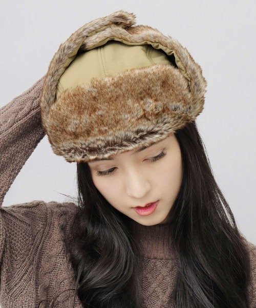 UNIVERSAL OVERALL(ユニバーサルオーバーオール)の「タフタナイロン フェイクファー アビエーター / フライトキャップ(キャップ・メンズ・ブラック/カーキ・FREE)」の5枚目の写真