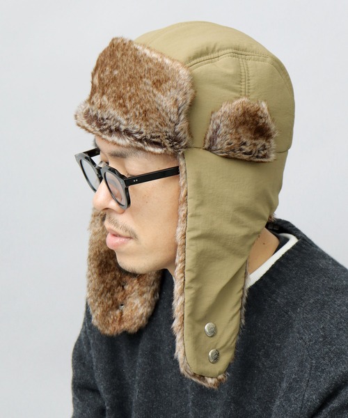 UNIVERSAL OVERALL(ユニバーサルオーバーオール)の「タフタナイロン フェイクファー アビエーター / フライトキャップ(キャップ・メンズ・ブラック/カーキ・FREE)」の6枚目の写真