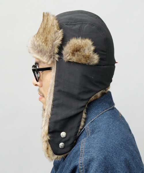 UNIVERSAL OVERALL(ユニバーサルオーバーオール)の「タフタナイロン フェイクファー アビエーター / フライトキャップ(キャップ・メンズ・ブラック/カーキ・FREE)」の13枚目の写真