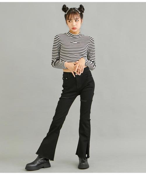 ANAP GｉRL（アナップガール）の「ボーダーリブトップス（Tシャツ/カットソー・キッズ・ブラック×ホワイト/その他・XS/S/M）」の4枚目の写真