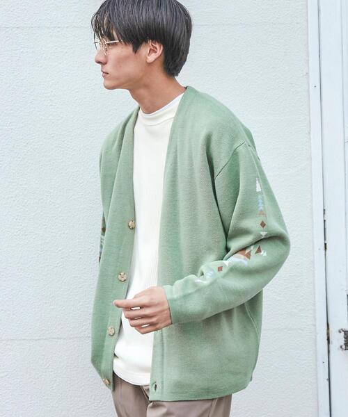 coen（コーエン）の「［洗える］トライバル柄ジャガードニットカーディガン（カーディガン/ボレロ・メンズ・ライム/ベージュ・S/M/L/XL）」の2枚目の写真