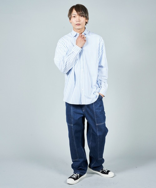 ADPOSION（アドポーション）の「ビッグシルエット ブロードレギュラーカラーシャツ（シャツ/ブラウス・メンズ・ブラック/ホワイト系1/グリーン系1/ブルー/ラベンダー/イエロー/ベージュ/グリーン/ブラック系1/サックスブルー系/ホワイト・MEDIUM/LARGE/X-LARGE）」の14枚目の写真