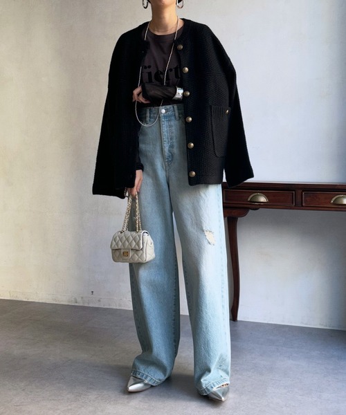 DouDou（ドゥドゥ）の「メランジニットジャケット（ノーカラージャケット・レディース・グレー/オフホワイト/ブラック・FREE）」の10枚目の写真