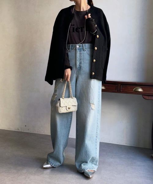 DouDou（ドゥドゥ）の「メランジニットジャケット（ノーカラージャケット・レディース・グレー/オフホワイト/ブラック・FREE）」の11枚目の写真