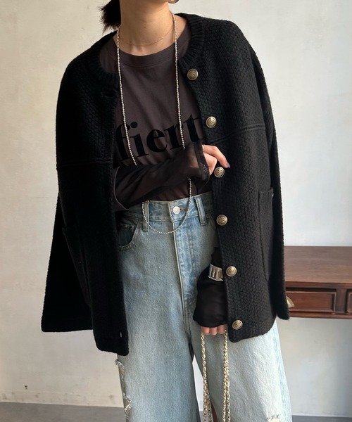 DouDou（ドゥドゥ）の「メランジニットジャケット（ノーカラージャケット・レディース・グレー/オフホワイト/ブラック・FREE）」の12枚目の写真