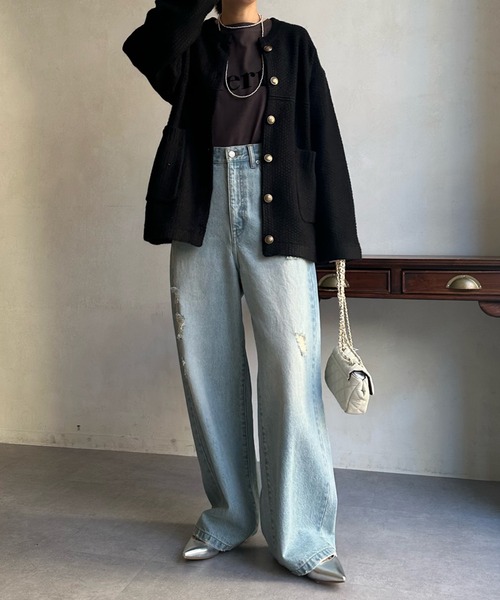 DouDou（ドゥドゥ）の「メランジニットジャケット（ノーカラージャケット・レディース・グレー/オフホワイト/ブラック・FREE）」の6枚目の写真