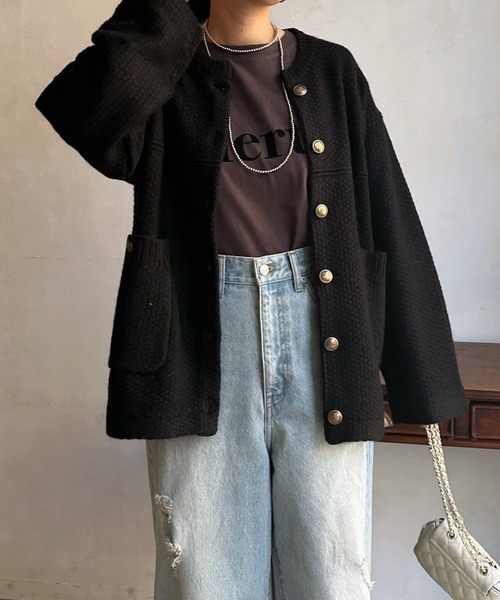 DouDou（ドゥドゥ）の「メランジニットジャケット（ノーカラージャケット・レディース・グレー/オフホワイト/ブラック・FREE）」の8枚目の写真