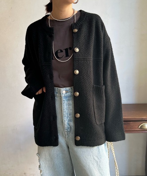 DouDou（ドゥドゥ）の「メランジニットジャケット（ノーカラージャケット・レディース・グレー/オフホワイト/ブラック・FREE）」の9枚目の写真