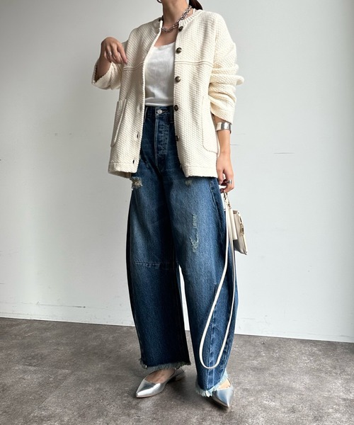 DouDou（ドゥドゥ）の「メランジニットジャケット（ノーカラージャケット・レディース・グレー/オフホワイト/ブラック・FREE）」の16枚目の写真