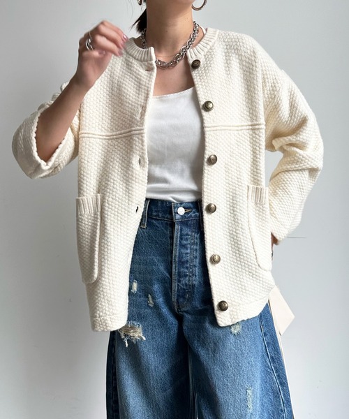 DouDou（ドゥドゥ）の「メランジニットジャケット（ノーカラージャケット・レディース・グレー/オフホワイト/ブラック・FREE）」の19枚目の写真