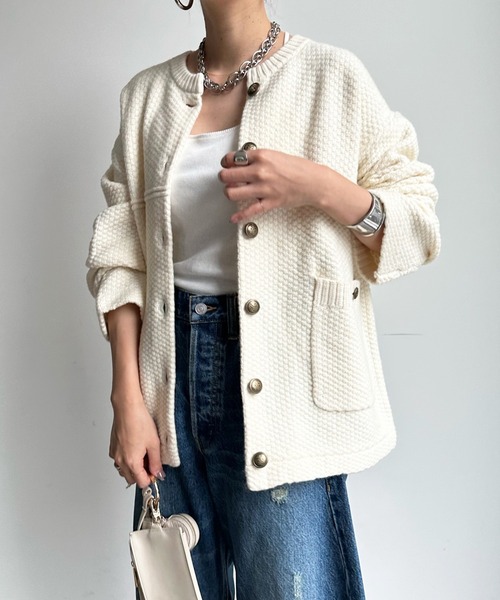 DouDou（ドゥドゥ）の「メランジニットジャケット（ノーカラージャケット・レディース・グレー/オフホワイト/ブラック・FREE）」の21枚目の写真