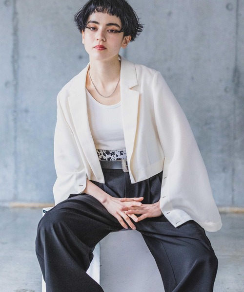 PAGEBOY（ページボーイ）の「ラフショートジャケット（テーラードジャケット・レディース・チャコール/オフホワイト/ブラック・FREE）」の4枚目の写真