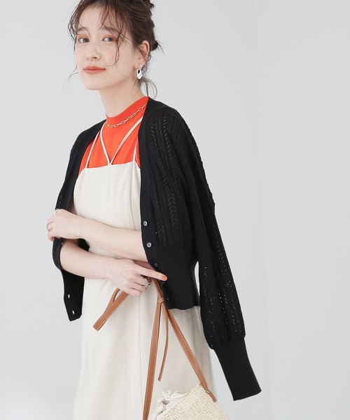 N.（N. Natural Beauty Basic）（エヌエヌナチュラルビューティーベーシック）の「◆透かし編みニットカーディガン（カーディガン/ボレロ・レディース・ブラック/オフホワイト/イエロー・MEDIUM）」の3枚目の写真