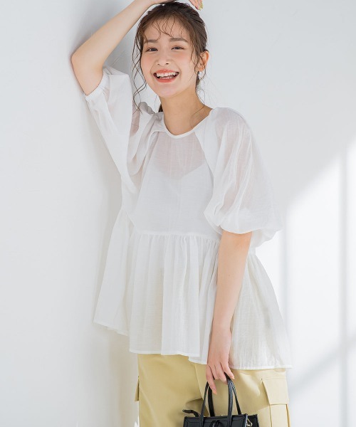 【女性らしいトレンドのシアー素材】ペプラムブラウス《手洗い可能》