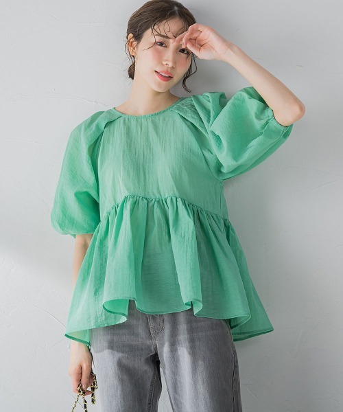 【女性らしいトレンドのシアー素材】ペプラムブラウス《手洗い可能》