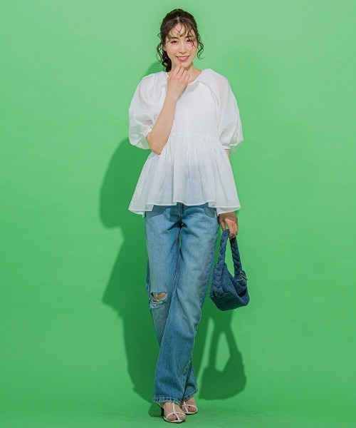 【女性らしいトレンドのシアー素材】ペプラムブラウス《手洗い可能》