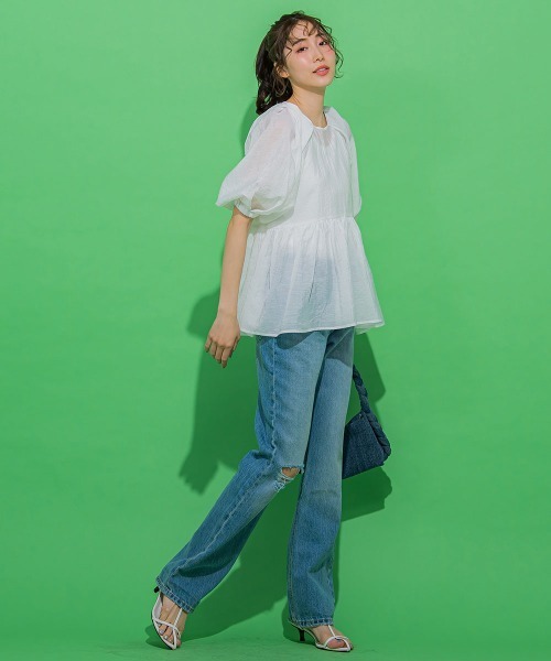 【女性らしいトレンドのシアー素材】ペプラムブラウス《手洗い可能》