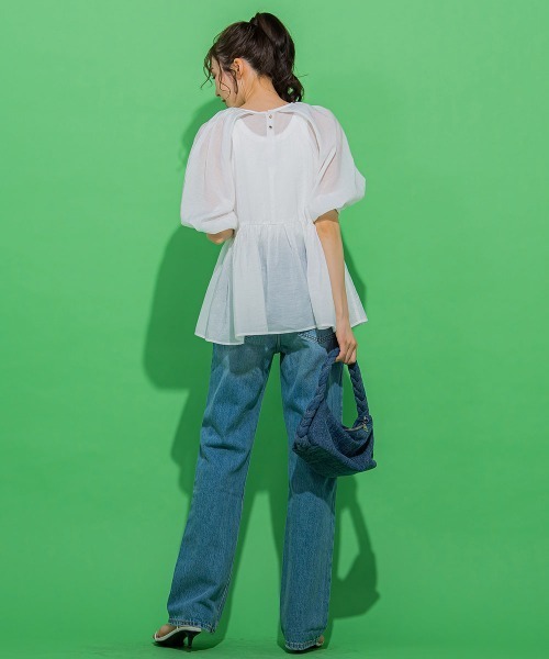 【女性らしいトレンドのシアー素材】ペプラムブラウス《手洗い可能》