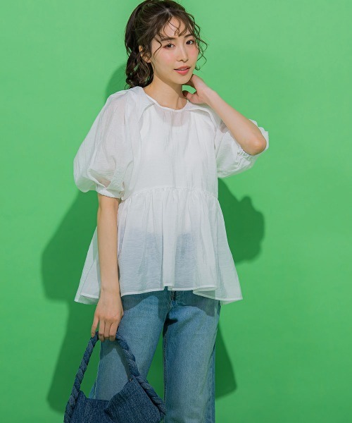 【女性らしいトレンドのシアー素材】ペプラムブラウス《手洗い可能》