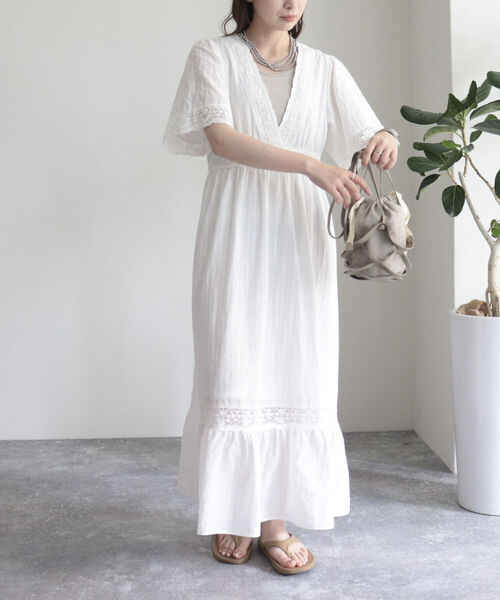 ヴィンテージ 半袖 ロングワンピース レース ホワイト vintage fredy emue（フレディエミュ）の「VINTAGE風レースワンピース