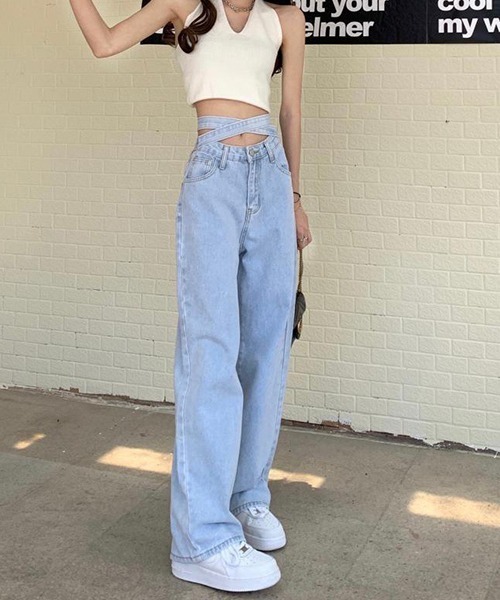 gossip!ロサンゼルス(ゴシップロサンゼルス)の「YUGA ウエストストラップ ストレートパンツ(デニムパンツ・レディース・ライトブルー・XL/L/M/S)」の6枚目の写真