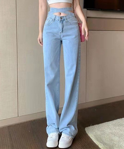 gossip!ロサンゼルス(ゴシップロサンゼルス)の「YUGA ウエストストラップ ストレートパンツ(デニムパンツ・レディース・ライトブルー・XL/L/M/S)」の17枚目の写真