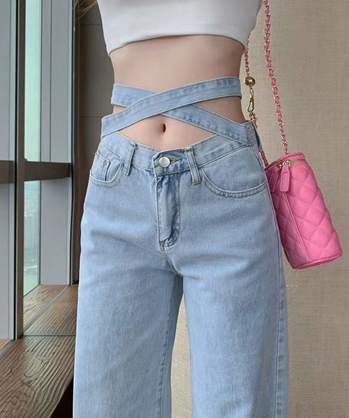 gossip!ロサンゼルス(ゴシップロサンゼルス)の「YUGA ウエストストラップ ストレートパンツ(デニムパンツ・レディース・ライトブルー・XL/L/M/S)」の11枚目の写真