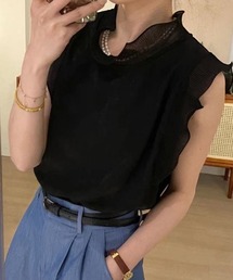 異素材切り替え ハイネックノースリーブブラウス